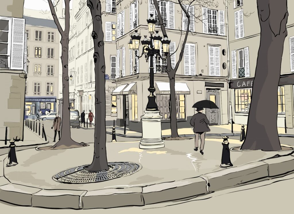 Idée Balade à Saint-Germain-des-Prés - dessin Place Furstemberg