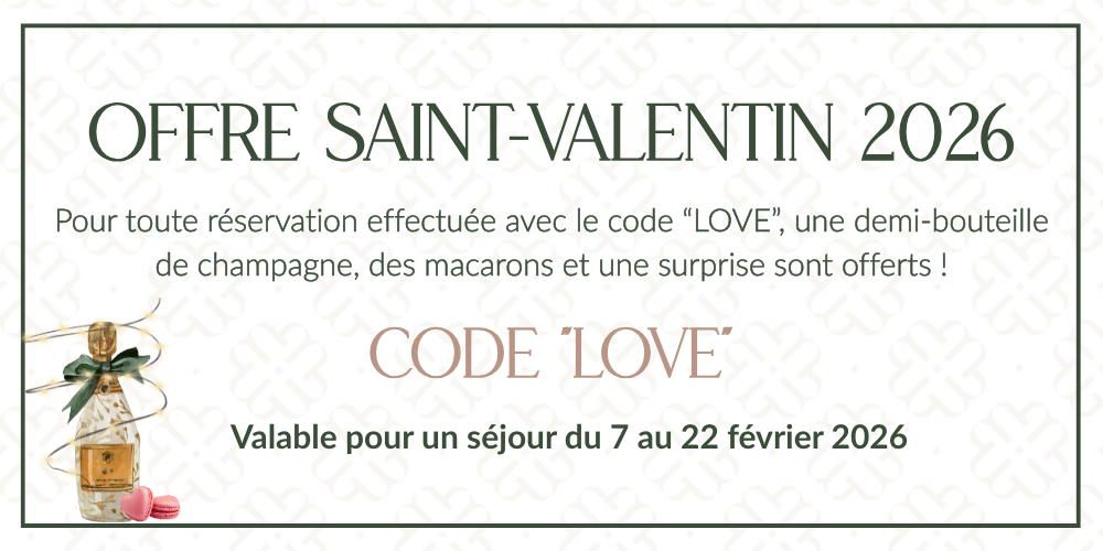Offre Saint-Valentin Hôtel des Marronniers Paris : demi bouteille de champagne et macarons offerts avec le code LOVE